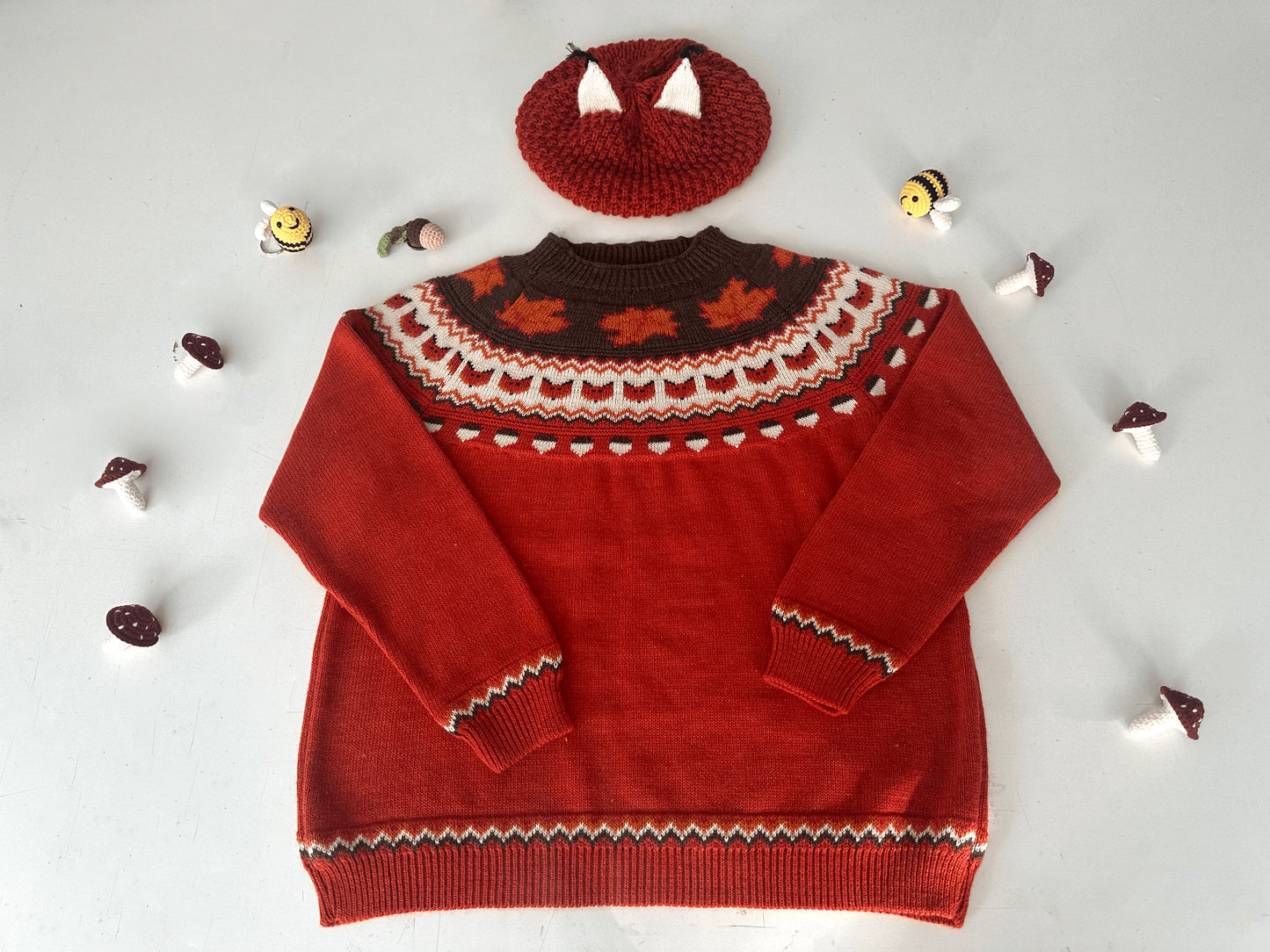 Autumn sweater with Foxes, maple leaves and Acorns