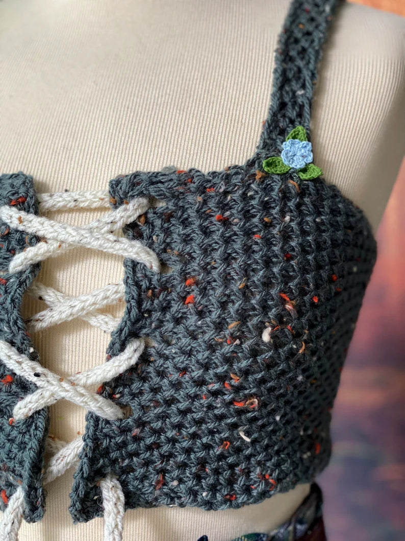 Cottagecore green tweed corset Outlander handknitted vest fairytale bralette medieval crop top