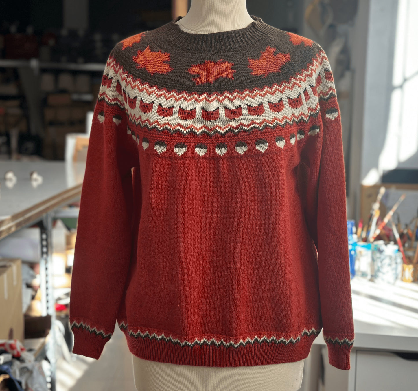 Autumn sweater with Foxes, maple leaves and Acorns