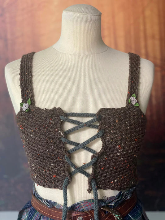Cottagecore brown tweed corset Outlander handknitted vest fairytale bralette medieval crop top