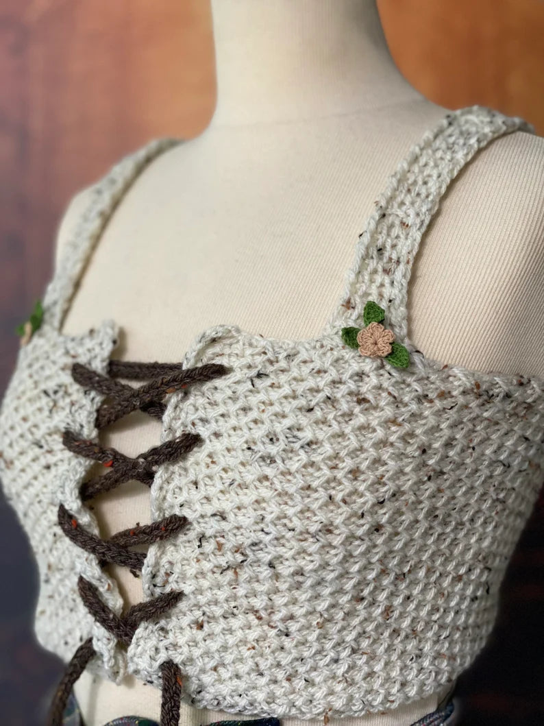 Cottagecore white tweed corset Outlander handknitted vest fairytale bralette medieval crop top