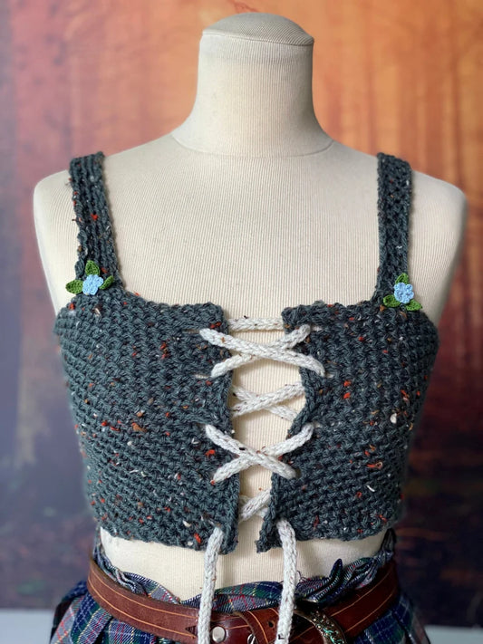 Cottagecore green tweed corset Outlander handknitted vest fairytale bralette medieval crop top