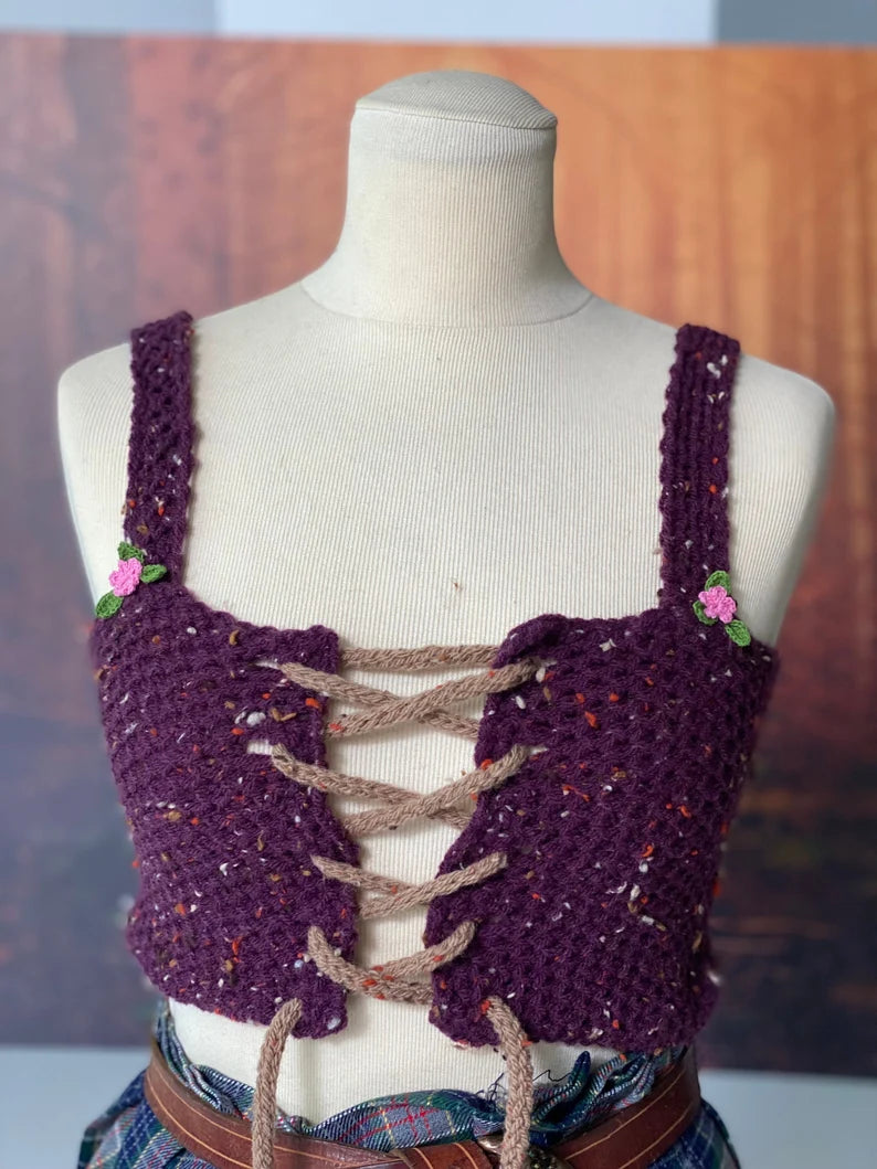 Cottagecore garnet tweed corset Outlander handknitted vest fairytale bralette medieval crop top